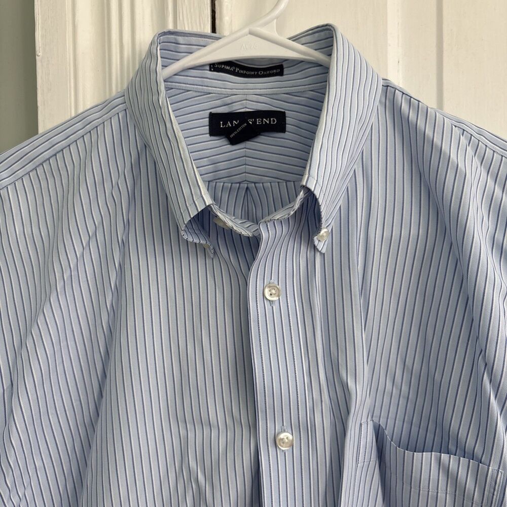Land's End Blue Shirt Men‎ Size 16-33 Striped Button Down Pinpoint Oxford